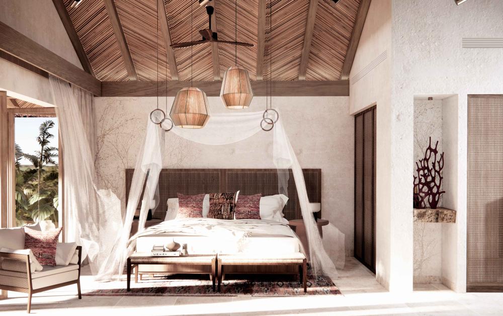 An elegant bedroom highlights the stunning design of Thuwal Private Resort. One of Red Sea Global's latest luxury retreats.